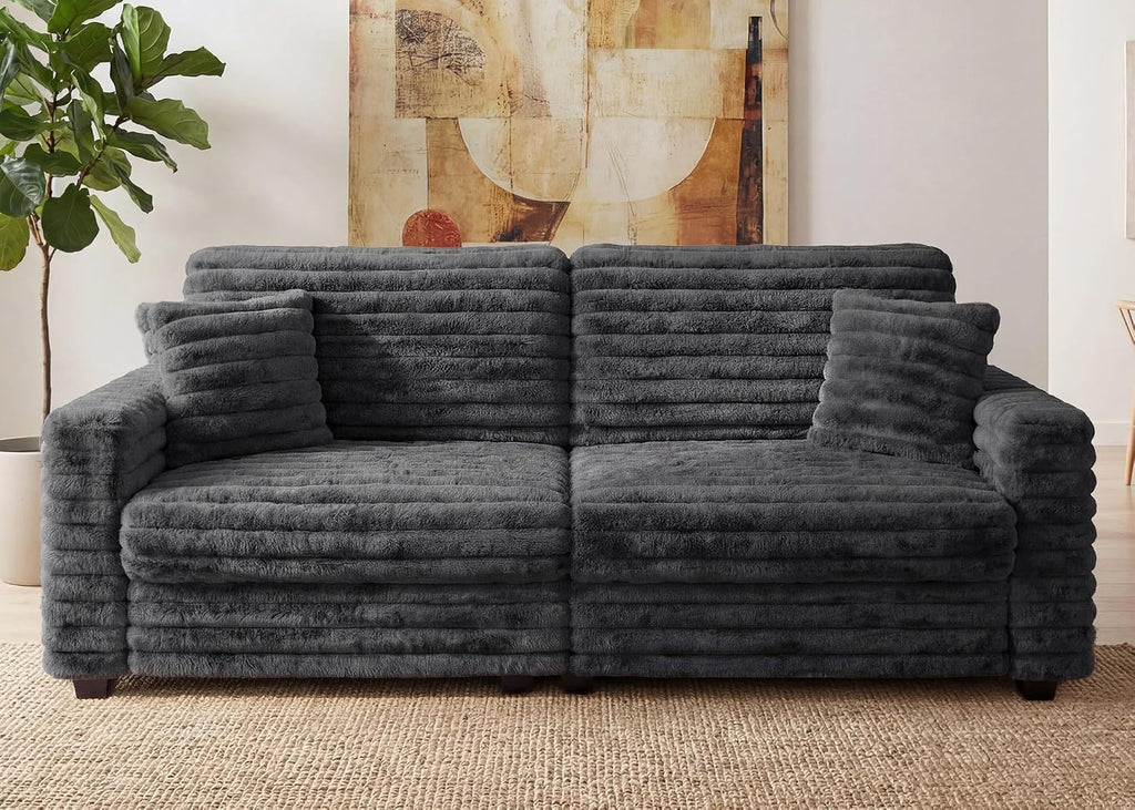 78.7" Corduroy Love Seat Sofa, Cloud Deep Seat Couch with Legs 2 Pillows, Fluff Corduroy Loveseat for Small Space, Living Rooms and Apartment, Dark Grey