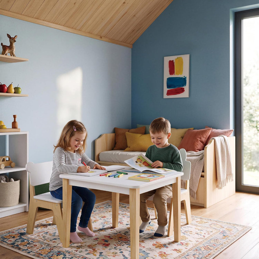 Mentari Toys - Kid’s Table and Chair Set - Wooden Easy Clean Table and 2 Animal Themed Chairs - Children’s Playroom, Classroom Furniture - Sturdy Set for Play and Learning - Age 3+