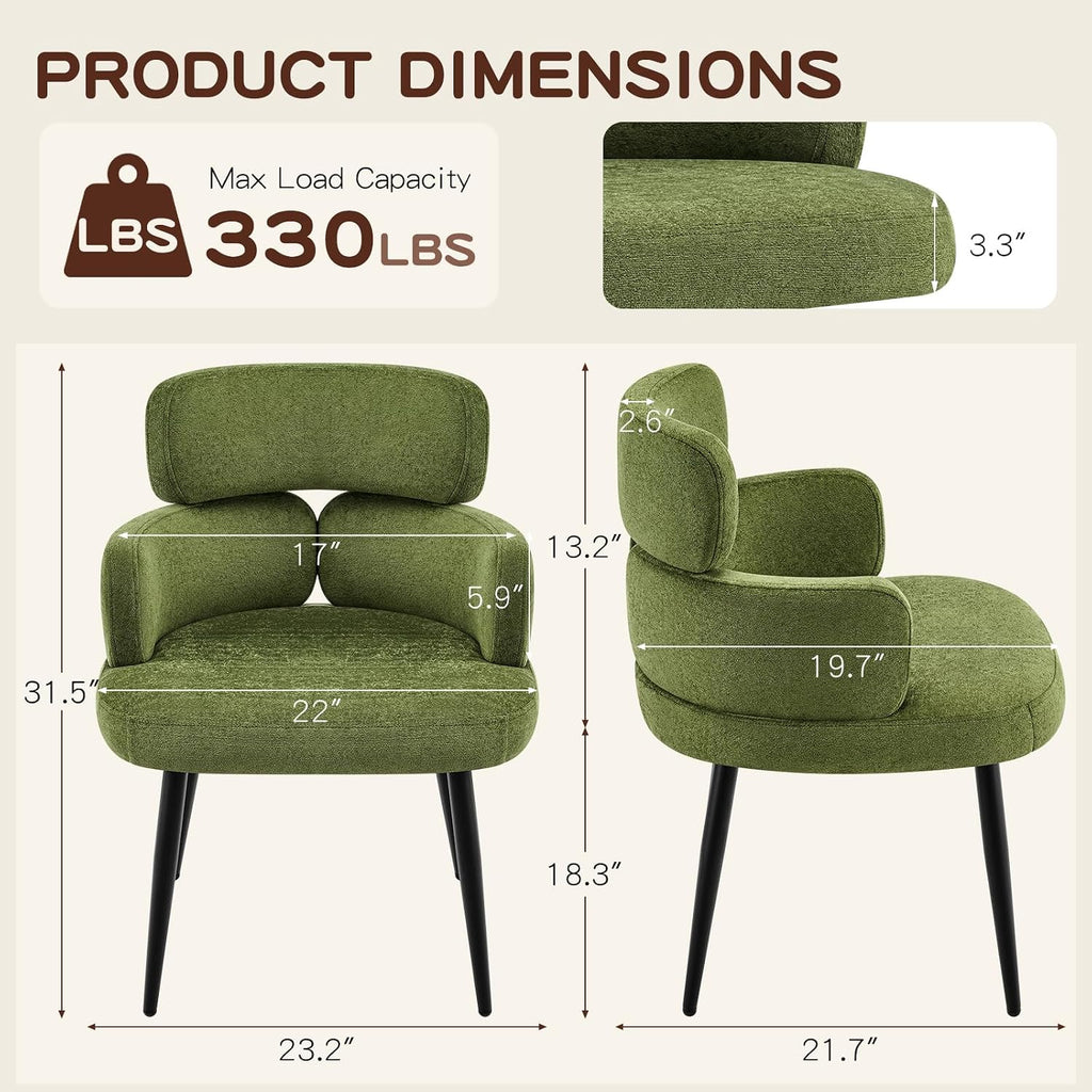 Accent Dining Chair with Arms,Set of 2 Modern Upholstered Desk Chair with Soft Fabric Black Metal Legs, Comfy Spacious Seat & Back for Dining Room/Living Room/Bedroom, Green