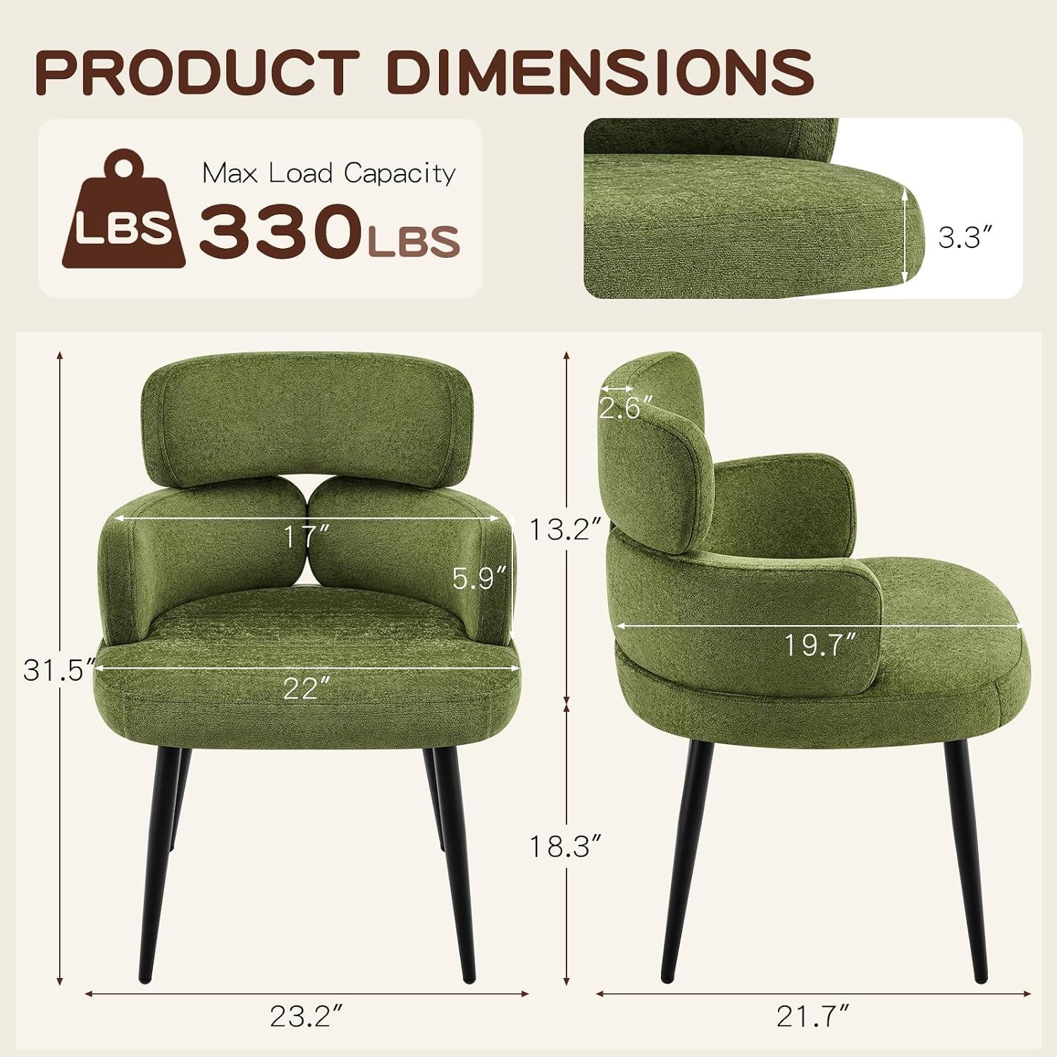 Accent Dining Chair with Arms,Set of 2 Modern Upholstered Desk Chair with Soft Fabric Black Metal Legs, Comfy Spacious Seat & Back for Dining Room/Living Room/Bedroom, Green