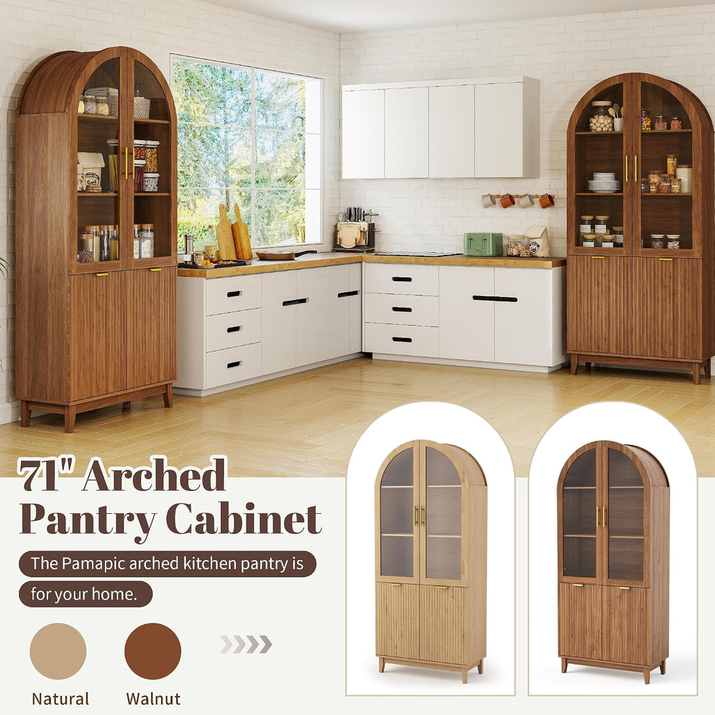 Pamapic 71" Tall Arched Cabinet, Fluted Kitchen Pantry with Glass Doors & Adjustable Shelves, Arch Storage Cabinet, Wooden Pantry for Dining Room, Living Room (Walnut)