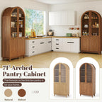 Pamapic 71" Tall Arched Cabinet, Fluted Kitchen Pantry with Glass Doors & Adjustable Shelves, Arch Storage Cabinet, Wooden Pantry for Dining Room, Living Room (Walnut)