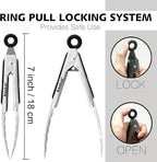 Anaeat 3 Pack 7" Mini Stainless Steel Locking Tongs - Sturdy Coiled Spring Kitchen Food Tong with Non-Slip Silicone Tips and Grip for Serving, Cooking, Baking and BBQ - Heat Resistant Metal Tongs