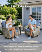 CAODOC 3-Piece Swivel Rocking Rattan Chair Outdoor, Patio Bistro Furniture Conversation Set, Wicker Chair with Coffee Table Blue