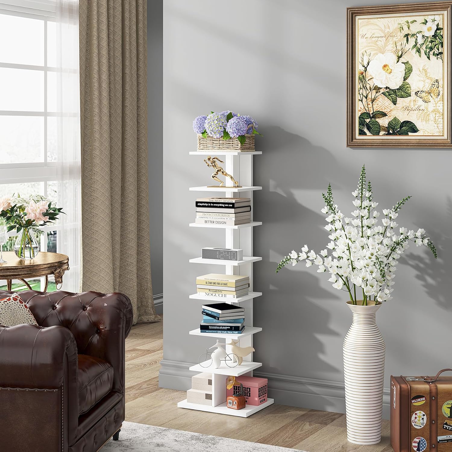 TUTOTAK Narrow Bookshelf, 8-Tier Bookcase, Spine Book Shelf for Small Space, Corner Standing Shelf for Living Room, Office, Study, Entryway, White BS06BW008