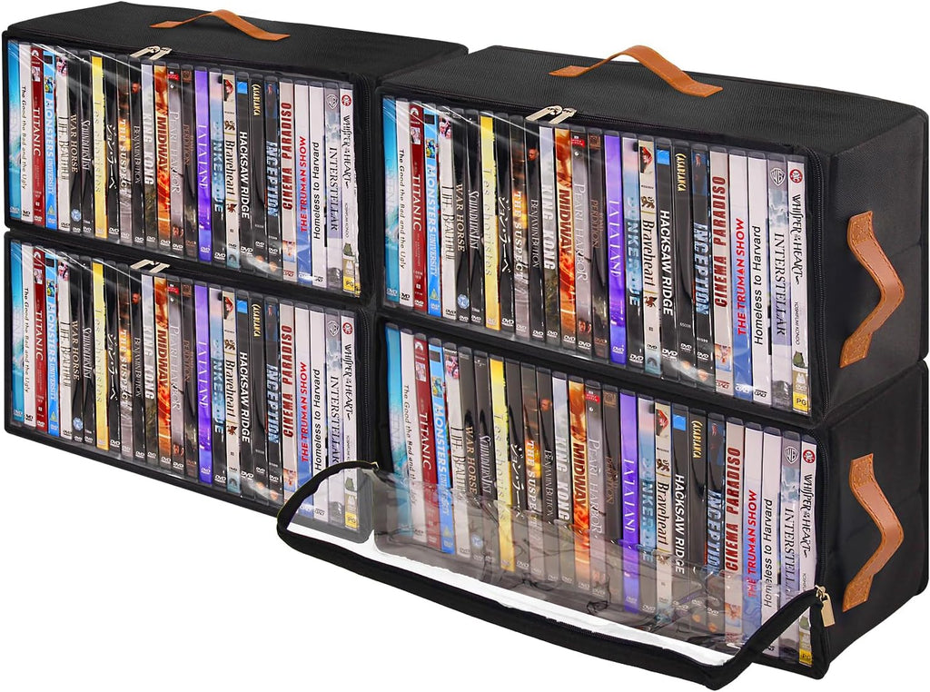 4 Pack DVD Storage Box, Stackable Oxford Fabric DVD Cases Holder with Front Zippered Clear Window and Handles, 15.7 x 7.9 x 6.1 In, Foldable DVD Organizer Rack, Holds Up to 100 DVDs (25 Each)