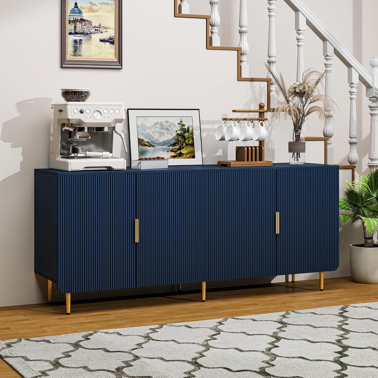 65" Fluted Sideboard Buffet Cabinet with Storage, Blue