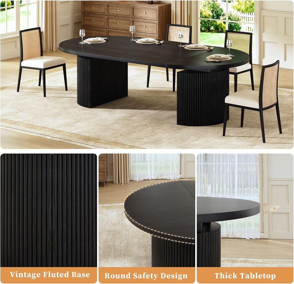 HUAHUU Extendable Round Dining Table for 4-8, 39in-77in Long Large Kitchen Table with Fluted Base, Space Saving Modern Farmhouse Oval Dinner Tables for Dining Room, Kitchen, Living Room, Natural