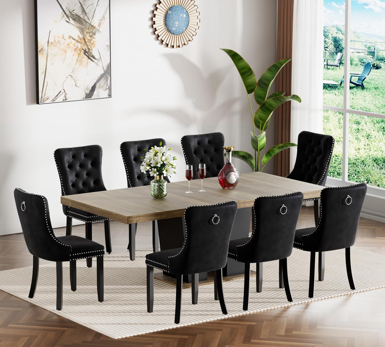 Rustic 9 Piece Dining Table Set, 62.99"-78.74" Extendable Dining Table & 8 Black Velvet Dining Chairs with Wood Leg, Brown Expandable Dining Room Table and Chairs Set