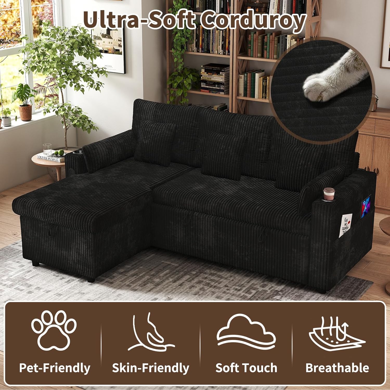 3 in 1 Pull Out Couch, Corduroy L Shaped Couch Sleeper Sofa Bed, Black | Reversible Storage Chaise, Charging Station, Cup Holder, Sleeper Sofa, for Living Room Apartment