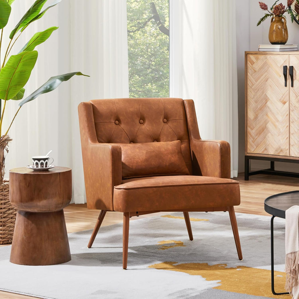 Yaheetech Accent Chair, Mid-Century Modern Armchair, Retro Brown | Faux Leather Chair with Lumbar Pillow, Comfy Upholstered Reading Chair for Living Room, Bedroom and Small Spaces