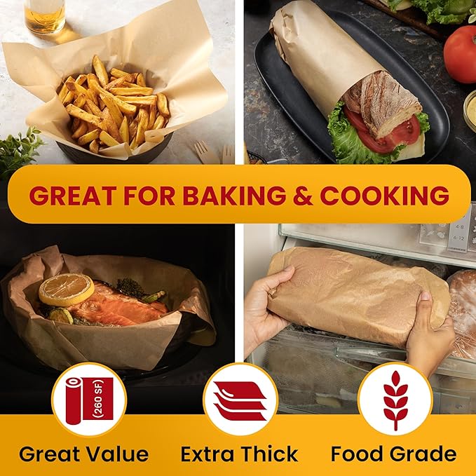 260 Sq.Ft Unbleached Parchment Paper for Baking – Roll with Cutter, Heavy Duty Non-Stick Brown Parchment for Baking, Cooking, Grilling, Steaming and Air Fryer, 15in x 210ft by Baker’s Signature