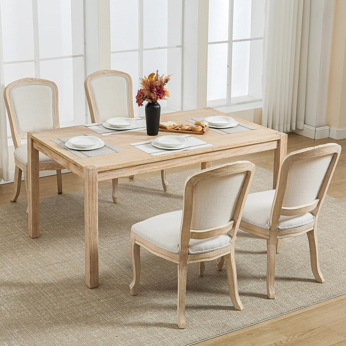Kmax French Dining Chairs Set of 4, Farbric Upholstered Dining Chairs with Elegant Curved Legs High Back Armless Kitchen Chairs Side Chairs for Dining Room Restaurant - Linen, Beige/Brushed Legs