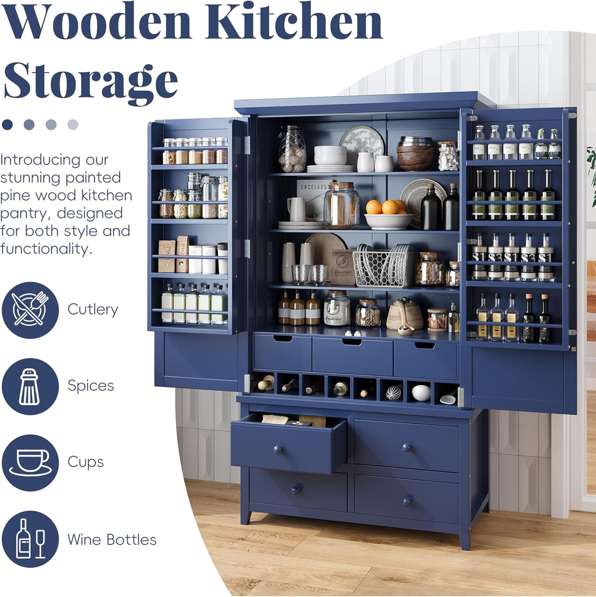 71.1 Inch Tall Kitchen Pantry Cabinet with 8 Door Shelves and 3 Adjustable Shelves, Large Kitchen Pantry with 7 Drawers and 8 Wine Racks, for Kitchen, Living Room, Blue