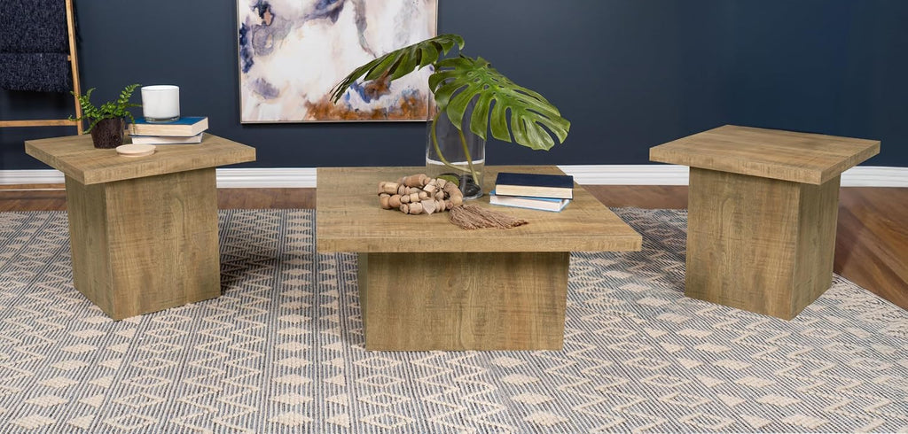 Square Coffee Table Set, End Table Set, Engineered Wood Living Room Tables, Mango Finish Laminate Veneer, Grain Look, Oversized Block Bases, 3-Piece