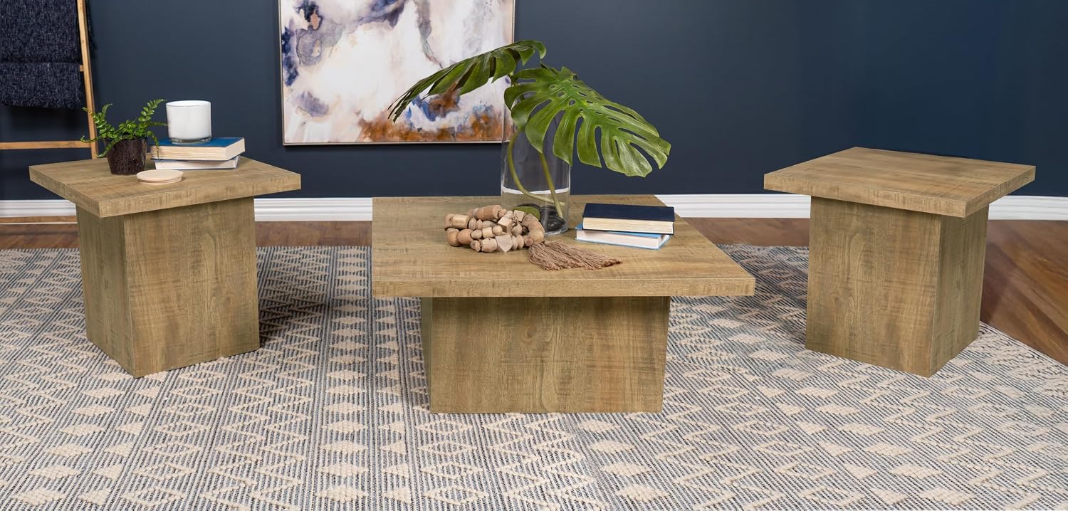 Square Coffee Table Set, End Table Set, Engineered Wood Living Room Tables, Mango Finish Laminate Veneer, Grain Look, Oversized Block Bases, 3-Piece
