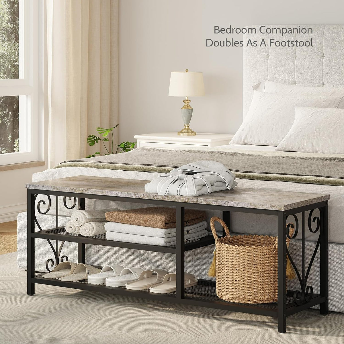Entryway Storage Bench with Shoe Rack, 47.2" Wide Hallway Bench with Seating, Rustic Wood Top & Metal Frame, 2-Tier Shoe Organizer for Entryway, Bedroom, or Living Room, Weathered Wood