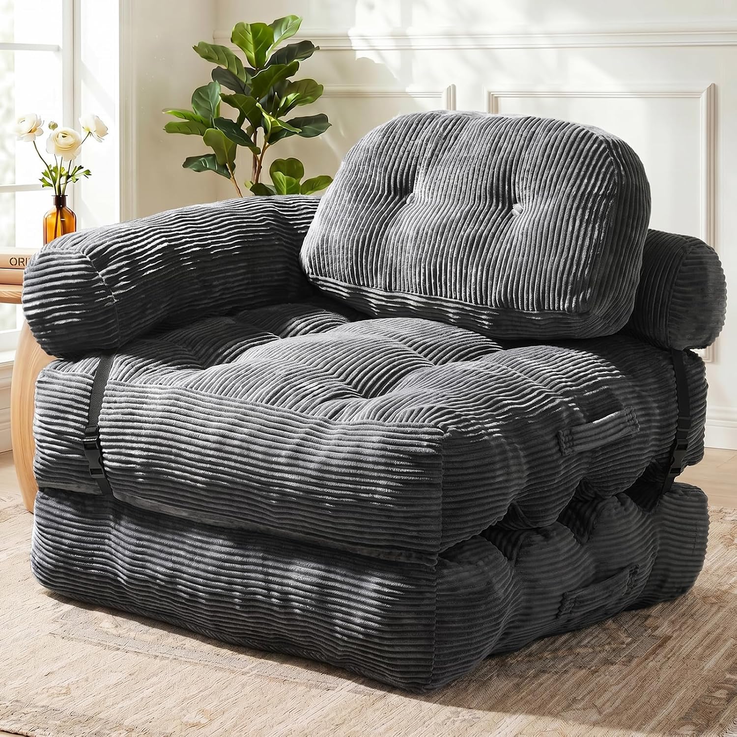 Folding Sofa Bed, L-Shaped Couch Back Support and Arm Pillow Futon | Convertible Sofa Bed for Living Room/Guest Use/Home Office, Foldable Couch for Adults, Dark Gray