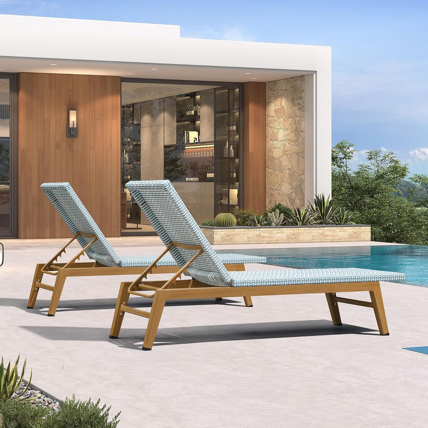 PURPLE LEAF Chaise Lounge Chair Wood Grain Aluminum Set of 2, Pale Blue | 3-Year Color Retention PE Rattan, 2.4" Thickened Aluminum Frame, 16.14" Knee-Friendly Height, French-Inspired Style