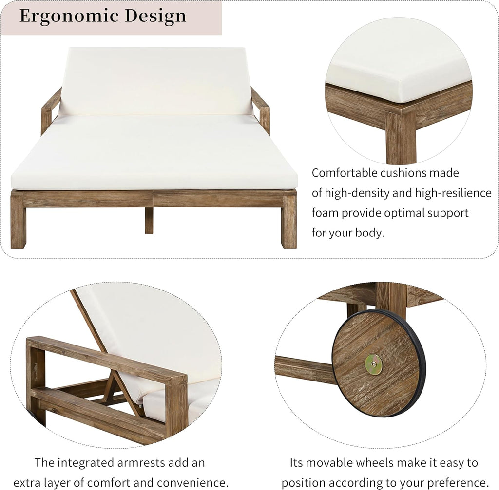 Merax Acacia Wood Outdoor Daybed Sofa, Farmhouse Patio Sun Lounger with Adjustable Backrest, High-Density Cushions & Removable Wheels, Weather Resistant for Garden, Poolside, Backyard, Beige