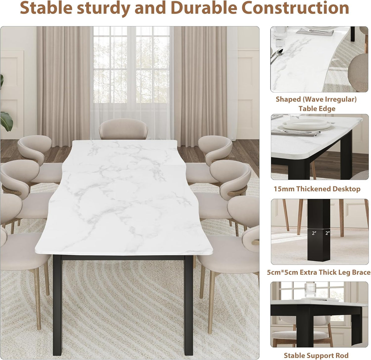 IDEALHOUSE Dining Room Table for 6-8 People, 79”Dining Table, Kitchen Table with Iron Legs and Irregular Desktop, Quick Assembly, 300 Lbs Capacity, for Kitchen, Living Room, Marble(Only Table)
