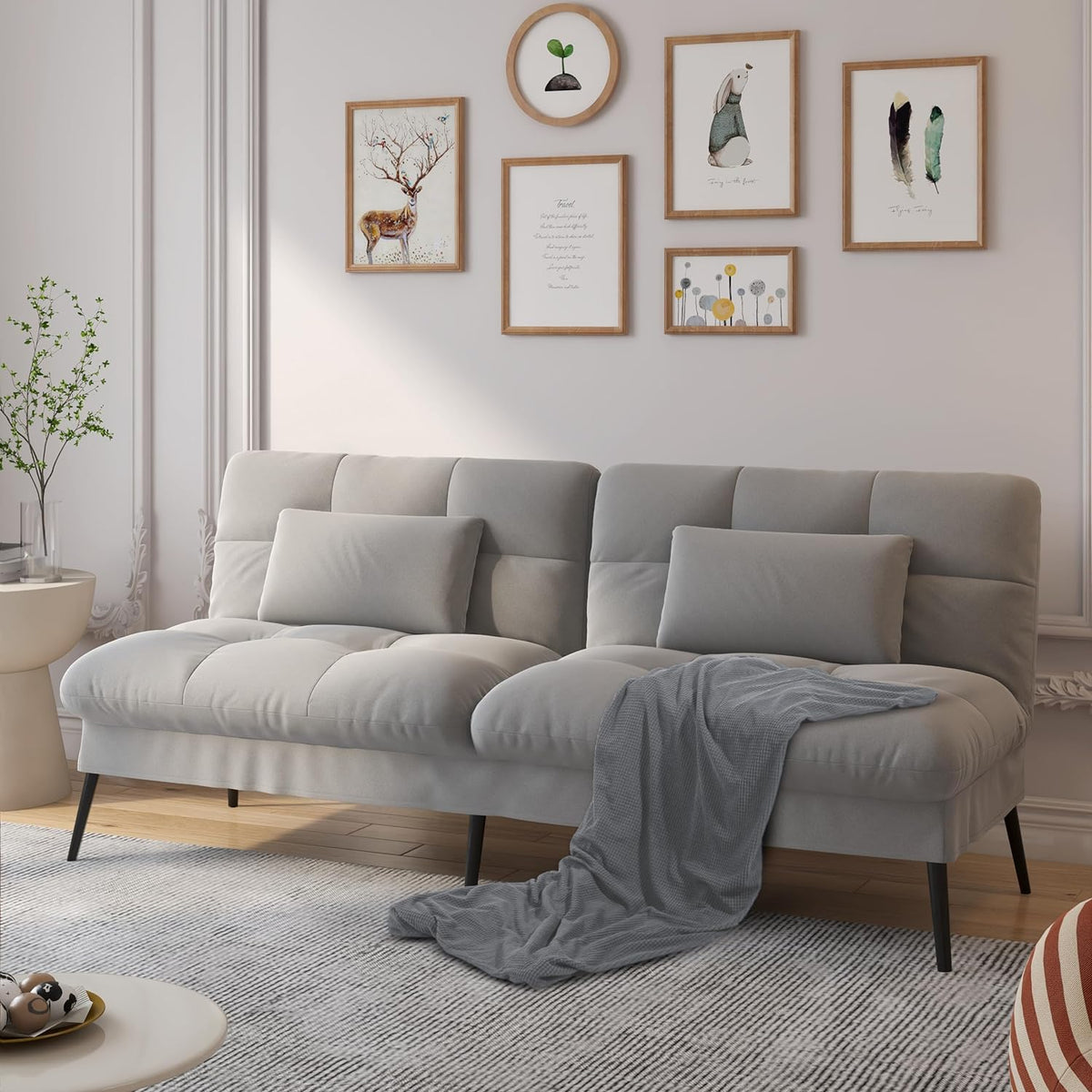 COMHOMA Convertible Futon Sofa Bed, 72″Fabric Futons Couch with Adjustable Backrest, Folding Sleeper Recliner for Living Room Furniture (Grey)