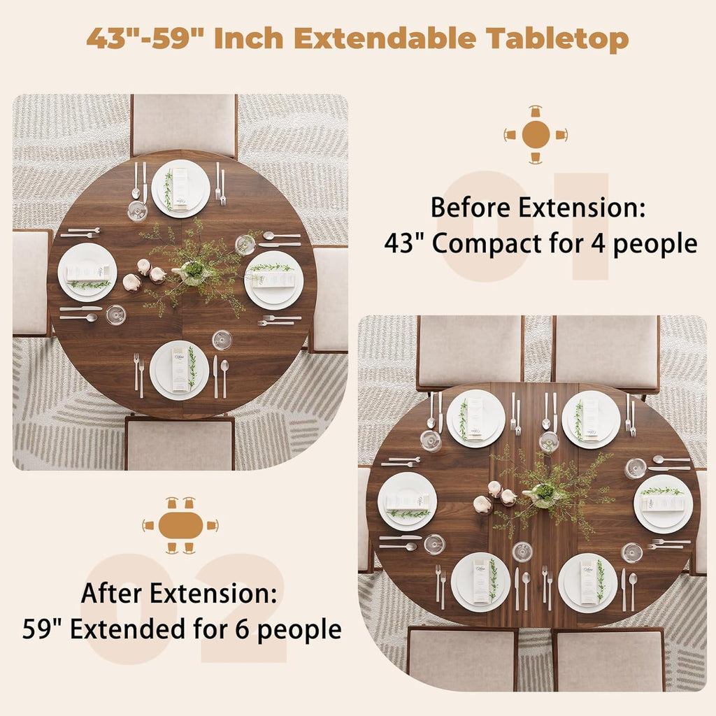 Epecoya 59-Inch Extendable Round to Oval Pedestal Dining Table, Farmhouse Wood Kitchen Table for 4-6 People, Space-Saving Expandable Dinner Table with Heavy Cross Base, Dark Brown Walnut