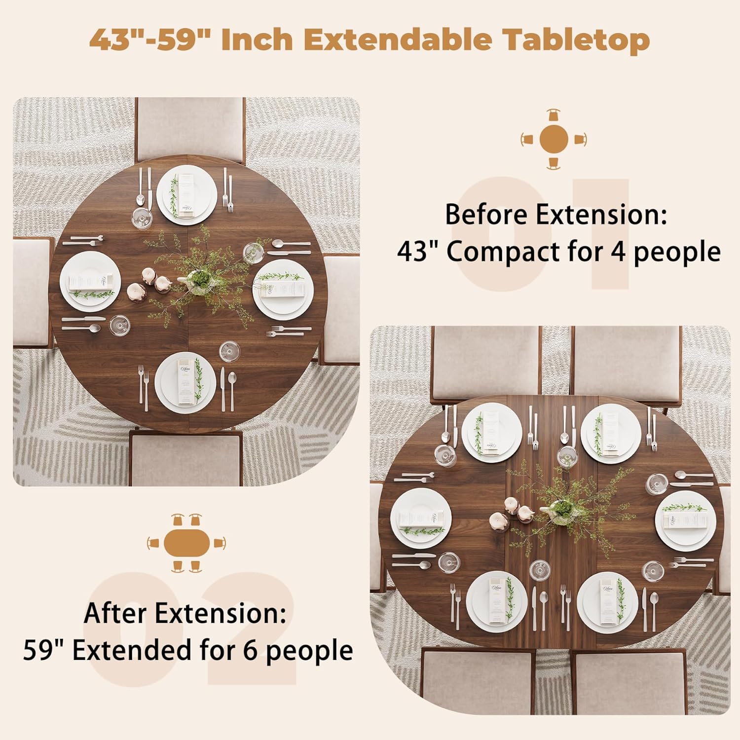 Epecoya 59-Inch Extendable Round to Oval Pedestal Dining Table, Farmhouse Wood Kitchen Table for 4-6 People, Space-Saving Expandable Dinner Table with Heavy Cross Base, Dark Brown Walnut