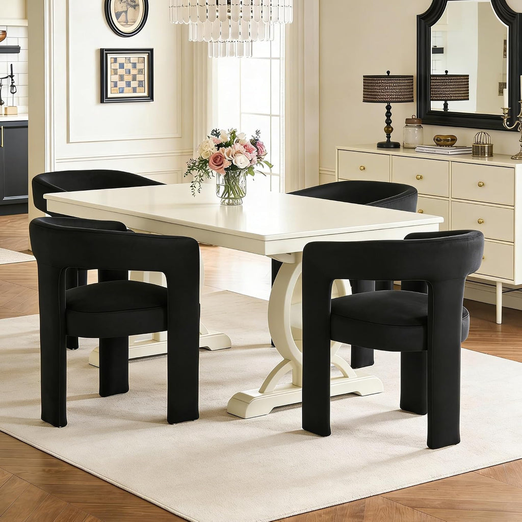 Modern Barrel Dining Chairs Set of 2, No Assembly Velvet Upholstered Dining Room Chairs with Open Back and 3 Legs, Comfy Accent Armchairs for Living Room/Bedroom/Kitchen/Reading, Black