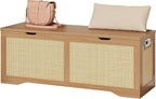LIKIMIO 47.2" Rattan Storage Ottoman Bench Chest, Rustic Wood | Vintage brown rattan and wood frame; 330 lb support and 47.2 x 15.8 x 17.7 in size.