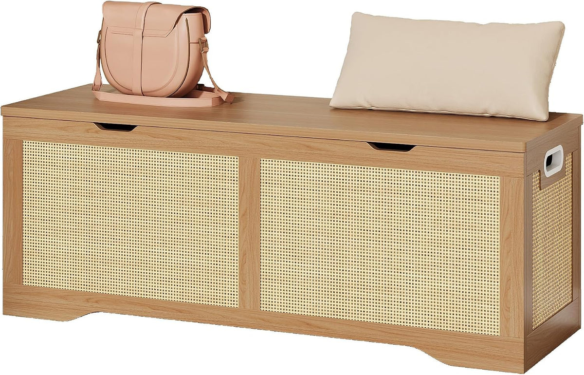 LIKIMIO 47.2" Rattan Storage Ottoman Bench Chest, Rustic Wood | Vintage brown rattan and wood frame; 330 lb support and 47.2 x 15.8 x 17.7 in size.