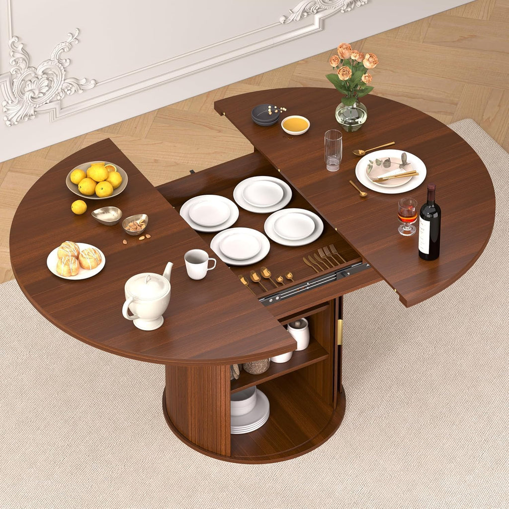 Extendable Round Dining Table: 47″–63″ Kitchen Table for 4 6 8 with Dust-Proof 2-Tier Storage Shelf Space Saving, Modern Farmhouse Expandable Wood Oval Circle Dinner Furniture with Pedestal Base