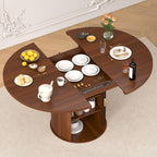 Extendable Round Dining Table: 47″–63″ Kitchen Table for 4 6 8 with Dust-Proof 2-Tier Storage Shelf Space Saving, Modern Farmhouse Expandable Wood Oval Circle Dinner Furniture with Pedestal Base