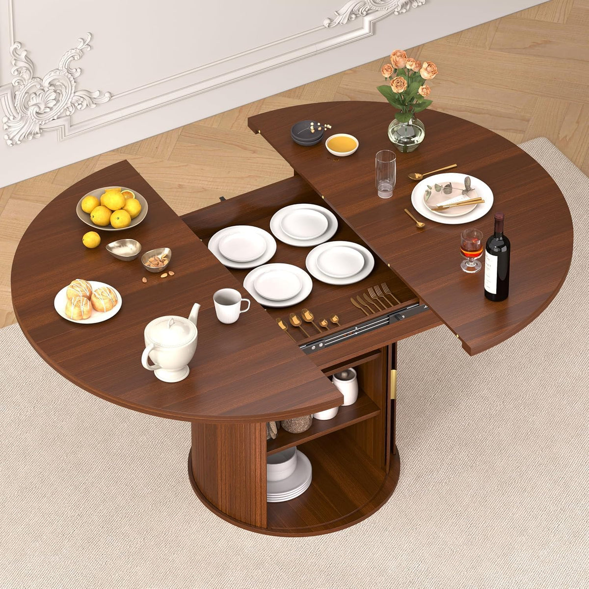 Extendable Round Dining Table: 47″–63″ Kitchen Table for 4 6 8 with Dust-Proof 2-Tier Storage Shelf Space Saving, Modern Farmhouse Expandable Wood Oval Circle Dinner Furniture with Pedestal Base
