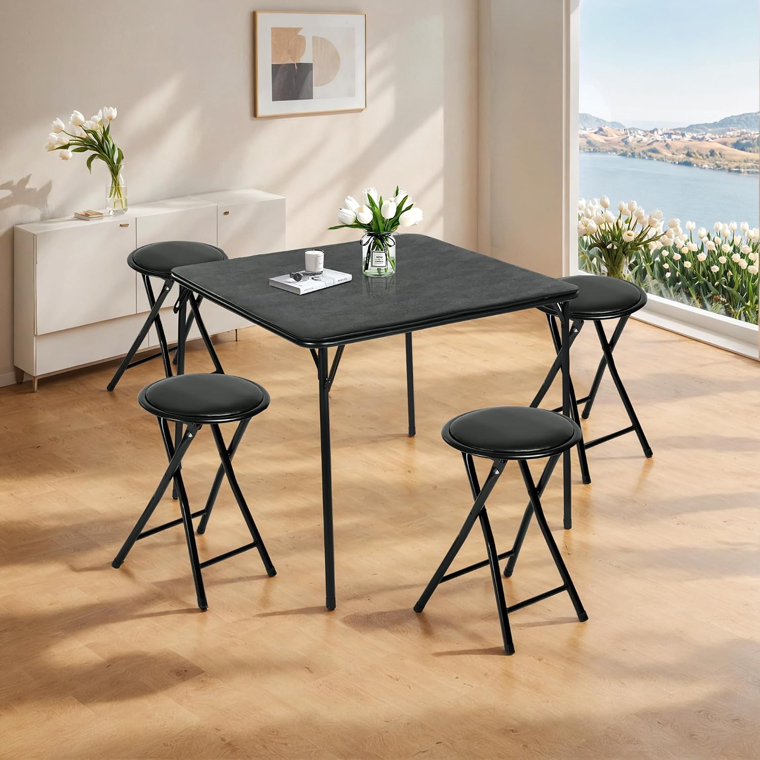 Homy Casa 18-Inch Backless Folding Stools with Soft Seat, Portable Waterproof Faux Leather Stools Foldable Chairs with Sturdy Frame for Indoor and Outdoor Use (Black, Set of 4)