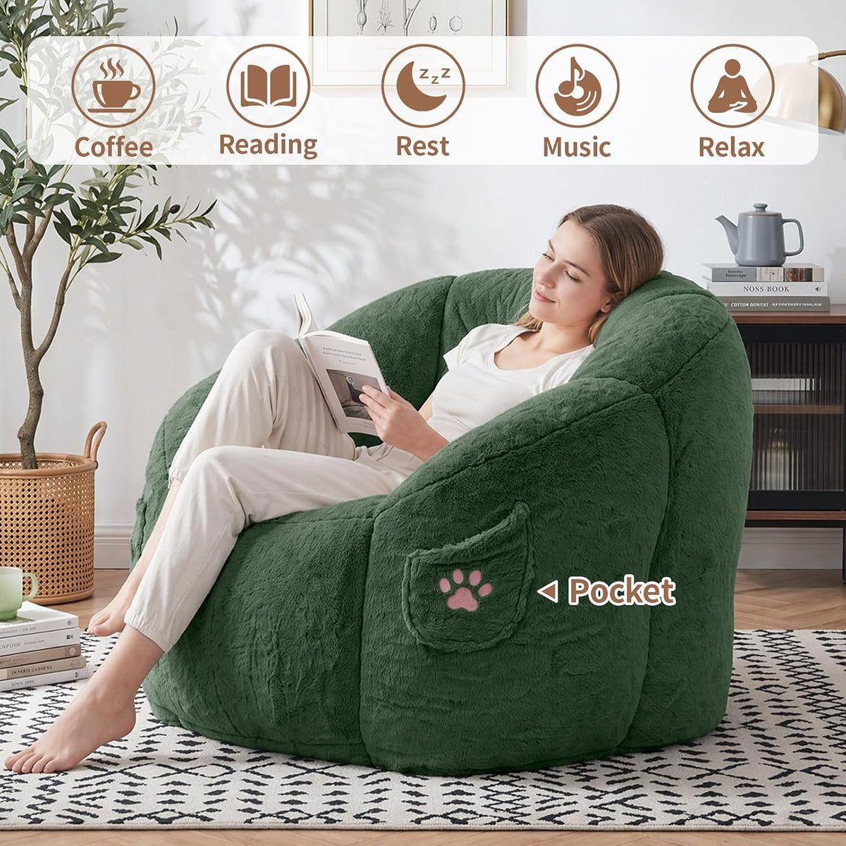 Vipbear Cat Paw Bean Bag Chair, Oversized Air-Cushion Sofa Chair Green | 39", air-cushion filling, cat paw Pocket, carry handle, oversized firm support, ergonomic, plush faux fur, gaming, reading
