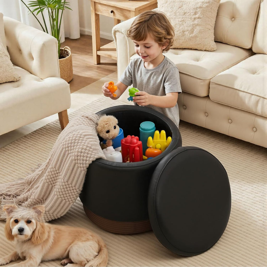 19" Round Swivel Storage Ottoman with Tray Top, Upholstered Faux Leather Foot Stool with Solid Acacia Wood Base 500 lbs Modern Accent Footrest for Living Room & Bedroom Fully Assembled Black