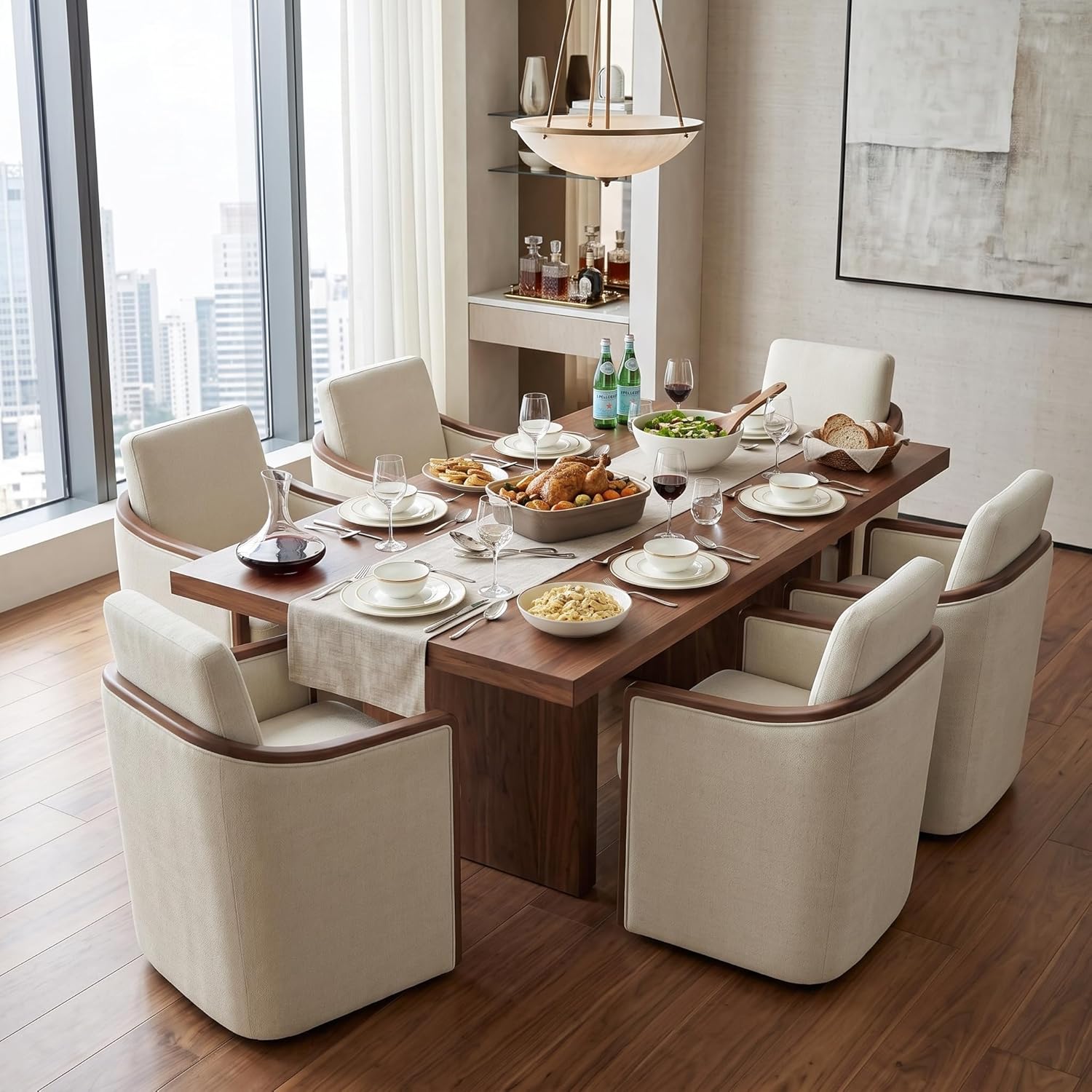 CHITA Upholstered Dining Chairs Set of 4 with Hidden Casters, Modern Dining Chair with Backrest & Wood Armrest, Chenille Barrel Chairs for Dining Room, Kitchen Chairs Fully Assembled, Cream
