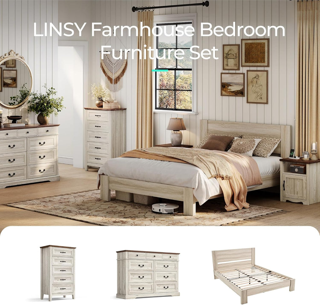 LINSY Farmhouse Night Stand Set of 2, 18.9” Wood End Table with Charging Station, Side Table for Bedroom, Living Room, Couch with USB Ports and Outlets, Nightstand with Storage, Beige