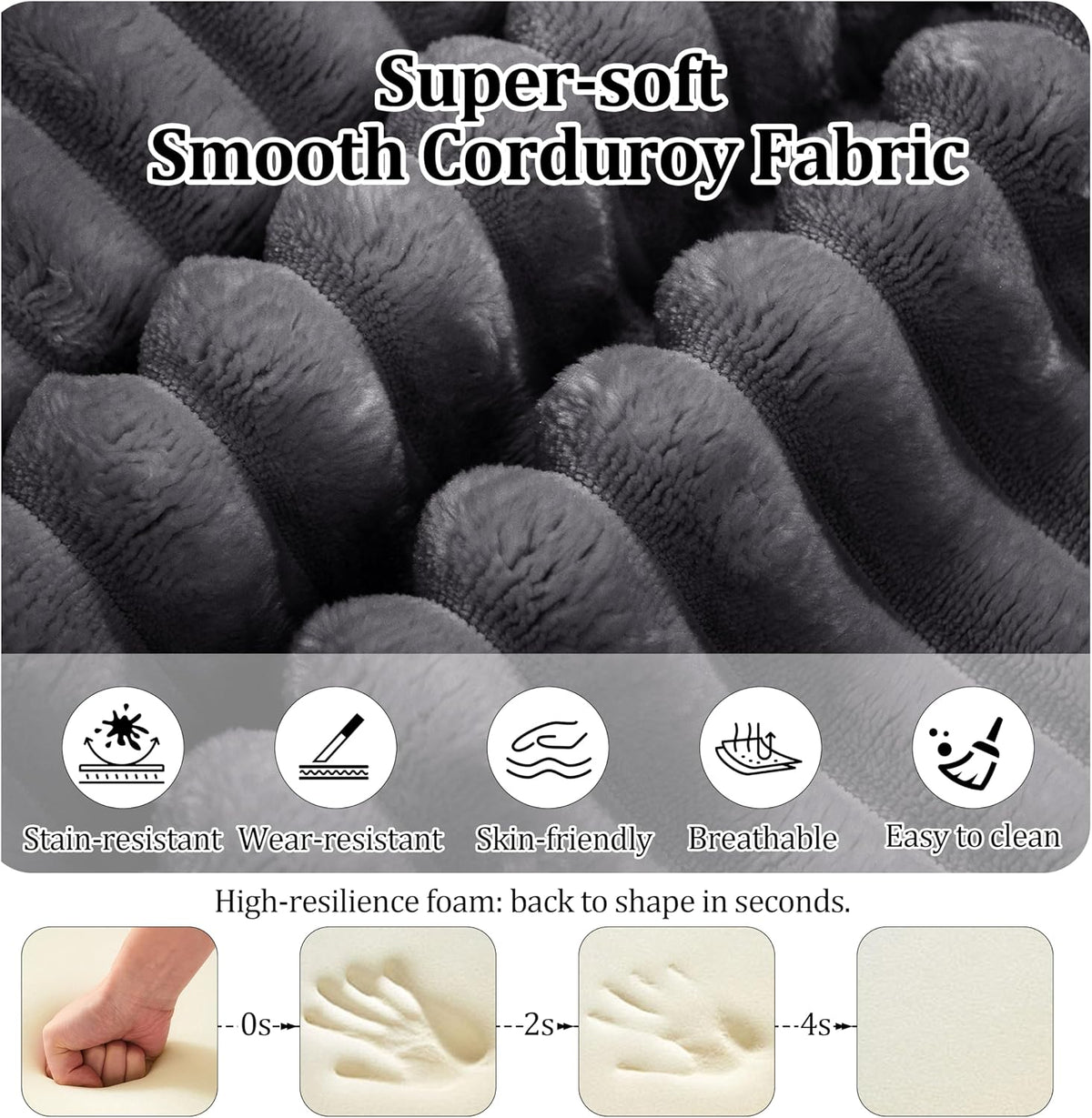 33.5'' Plush Fluffy Corduroy Ottoman for Floor Couch in a Box, Modern Compressed Sofa, Small Comfy Square Couch for Living Room, Bedroom, Grey, (Ottoman)
