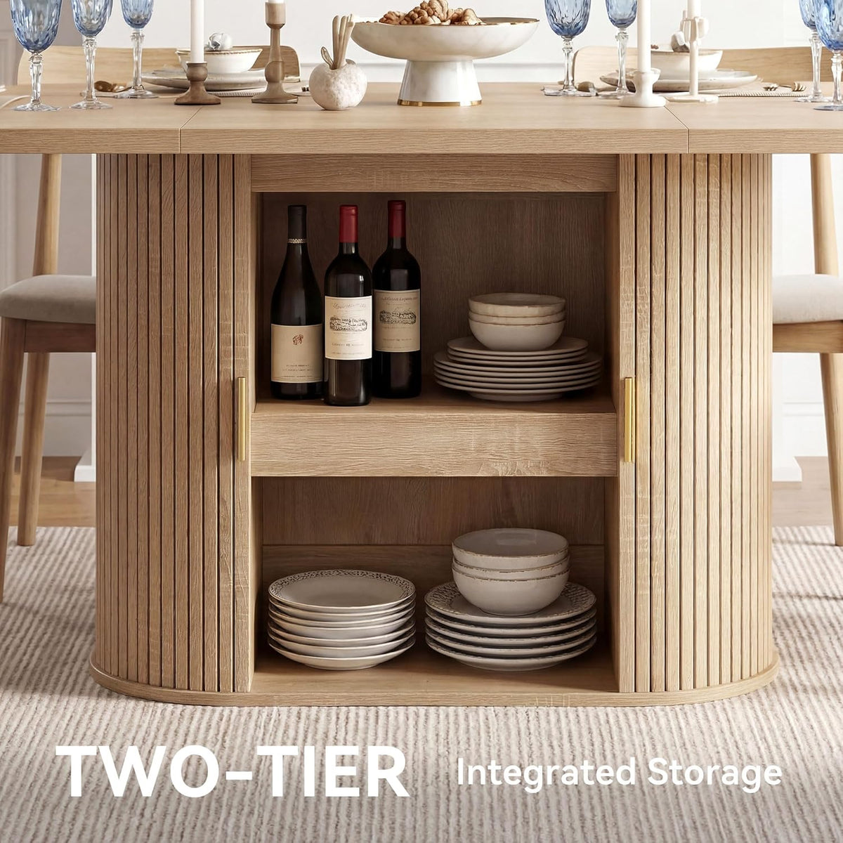 DWVO 70.9" Oval Dining Table for 6-8, Modern T-Shaped Kitchen Table with Storage Shelves & Pedestal Base, Multi-Purpose Dinner & Office Table, Light Oak