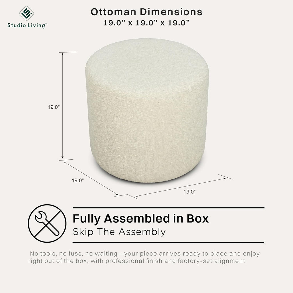 Studio Living Wentworth 19" Round Ottoman, Urban Transitional, Fully Assembled, Soft Boucle Fabric, Snow