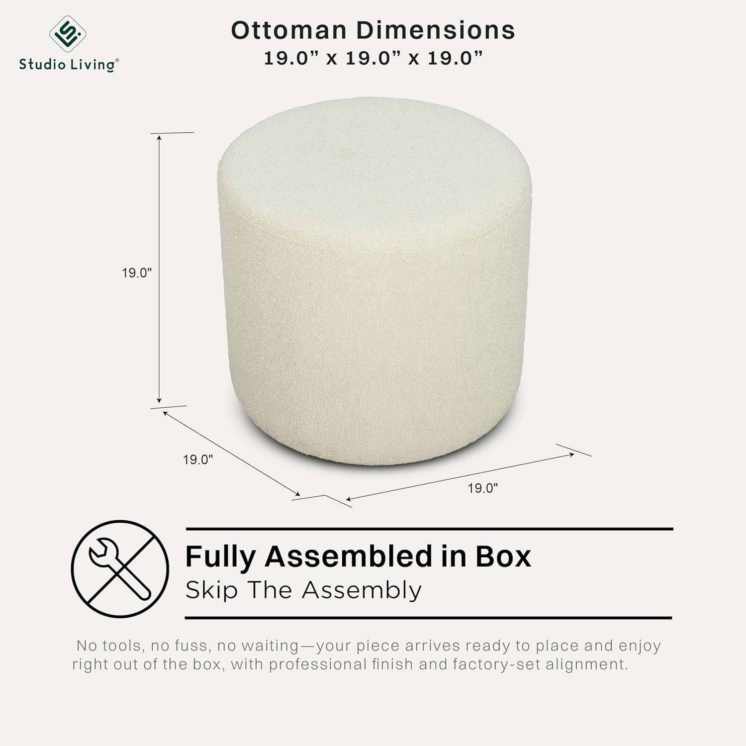 Studio Living Wentworth 19" Round Ottoman, Urban Transitional, Fully Assembled, Soft Boucle Fabric, Snow