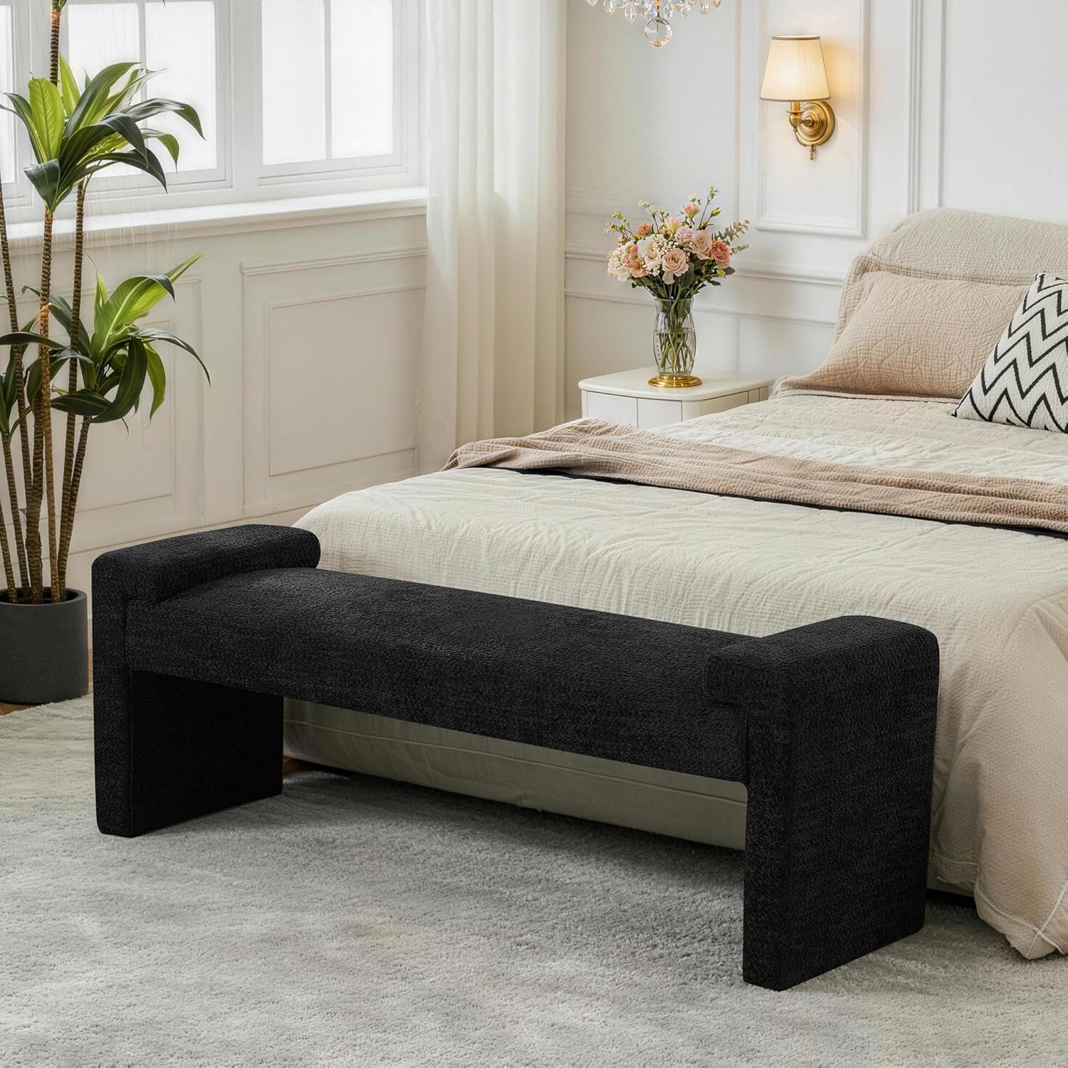 58.7" Upholstered End of Bed Bench, Entryway Bench with Curved Armrests, Modern Bedroom Bench Seat with Solid Wood Frame for Living Room, Hallway, Black