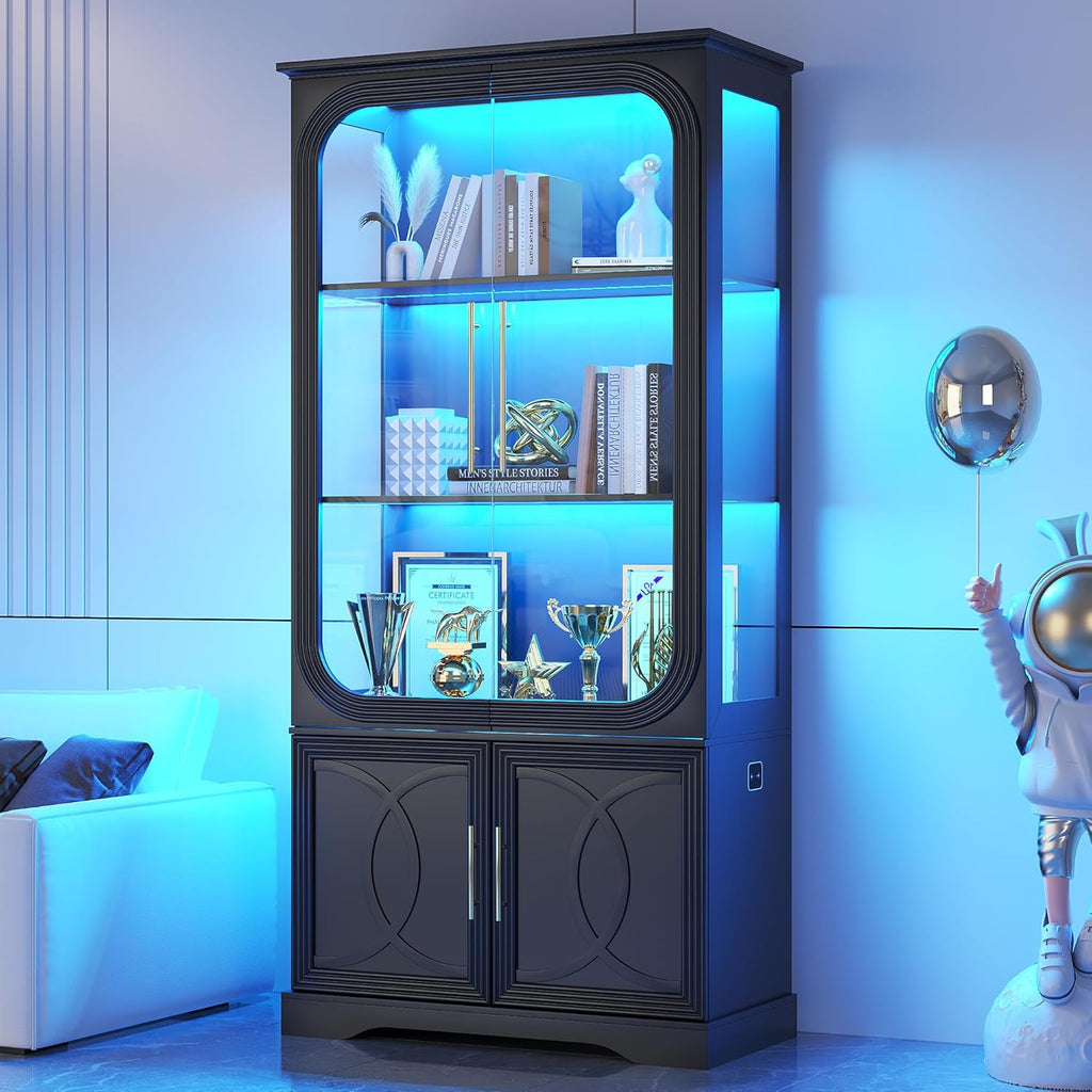 69" Tall Display Cabinet with Glass Doors, Curio Cabinet with 3 LED Lights and Human Body Sensor, Glass Display Case with Storage Cabinet for Living Room, Black