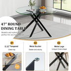 Round Glass Dining Room Table Set for 6, 7-Piece Dining Table Set with 47.2" Circle Black Glass Dinner Table & 6 Grey Velvet Tufted Chairs, Modern Kitchen Table Set for Apartment Home Office