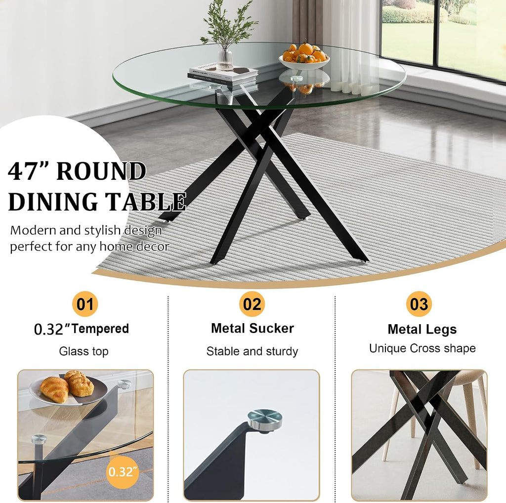 47" Round Glass Dining Table for 4-6, Circle Kitchen Table with Tempered Glass Top & Black Metal Cross Legs, Modern Glass Dinner Table for Kitchen Dining Room Small Apartment