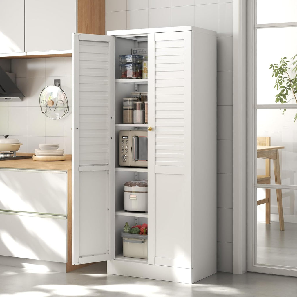 LEYNOT 61 inch Tall Kitchen Pantry Cabinet,Metal Storage Cabinet with 4 Adjustable Shelves,Freestanding Cupboard for Canned Food,Snacks,Small Appliances(White)