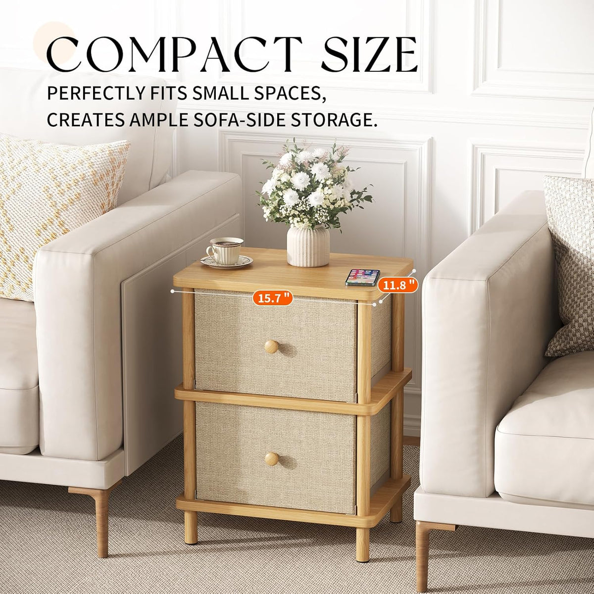 Apicizon Nightstand with 2 Storage Drawers, Boho Side Table with Solid Wood Legs, End Table for Small Spaces, Bedroom, Living Room, Entryway, Natural