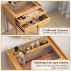 COSTWAY Bamboo Vanity Desk with Adjustable Round Mirror and 2 Drawers | Makeup Vanity Set w/ Tabletop Storage Compartment & Tempered Glass Tabletop, Small Bedroom Dressing Table for Adult Teens